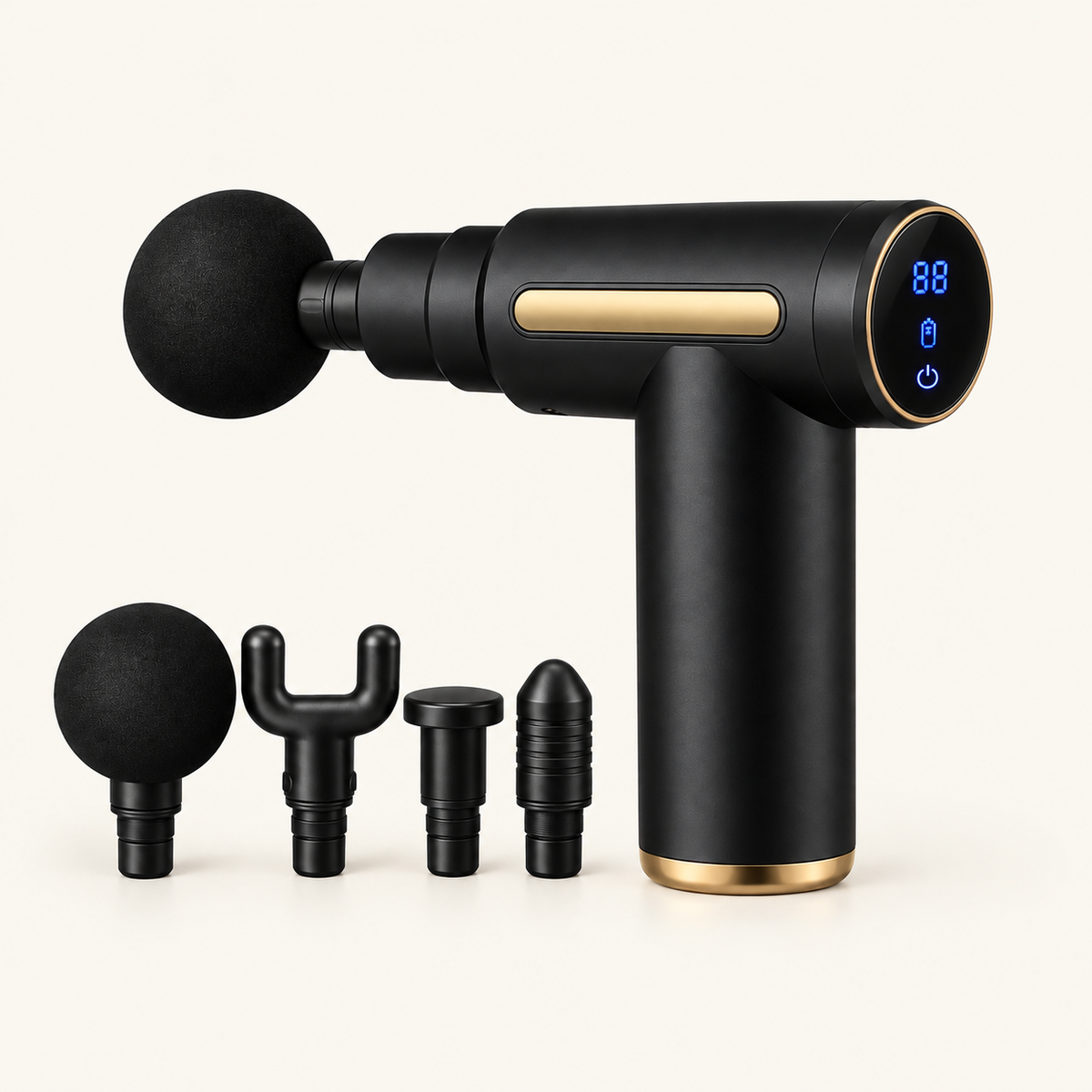Pistolet de massage compact noir et doré YOUGOU KEJI YG-08168 — avec ses 4 têtes interchangeables
