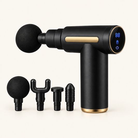 Pistolet de massage compact noir et doré YOUGOU KEJI YG-08168 — avec ses 4 têtes interchangeables