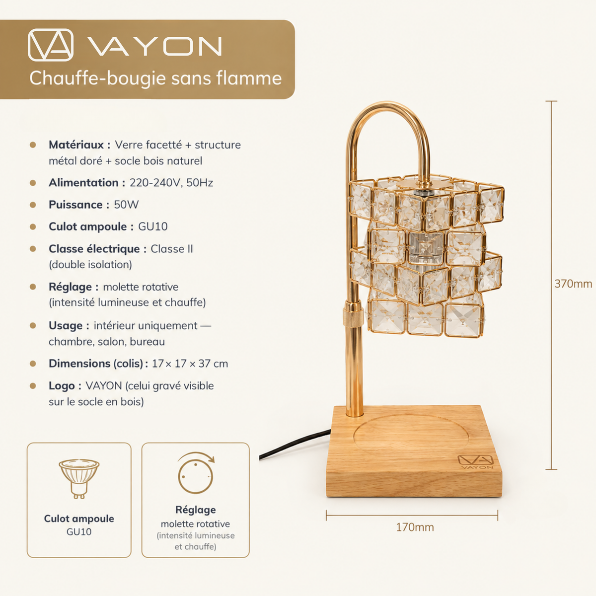 Chauffe-bougie en cristal doré VAYON, sans flamme — vue 2