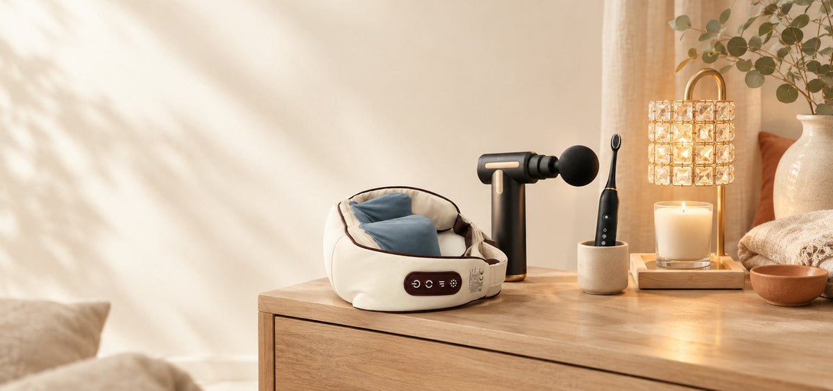 Boutique VAYON : masseur nuque et épaules, pistolet de massage, brosse à dents sonique et chauffe-bougie en cristal sur une commode en chêne