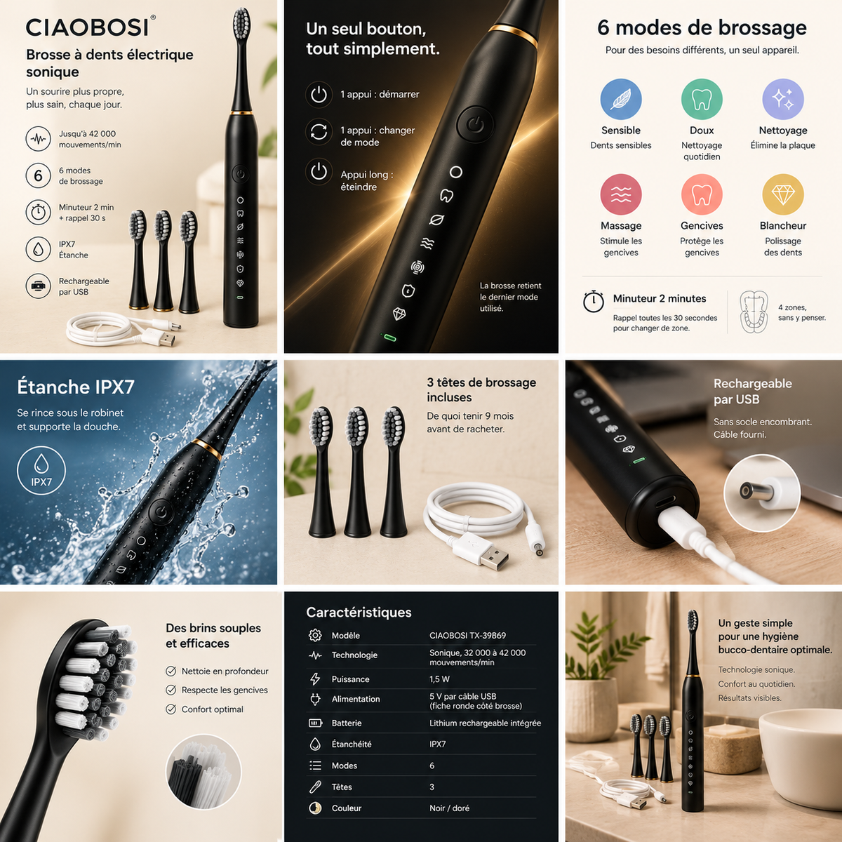 Caractéristiques : 6 modes, minuteur 2 min, IPX7, 3 têtes, rechargeable USB